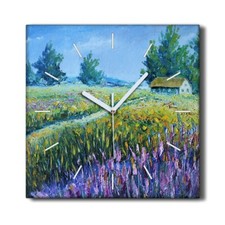 Image of Silent Wall Clock Canvas 30x30 Painting Countryside Landscape Flowers Hut
