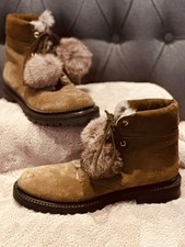Jimmy Choo Elva Suede Pom-pom Booties Fur Lined 39, Worn Twice $1395, Mink Color