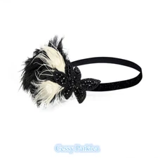 SN-A3-3 1920s Beige Black Feather Great Gatsby Flapper Headband Rhinestone