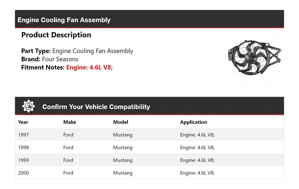 Para 1997-2000 Ford Mustang 4.6L V8 conjunto de ventilador de refrigeração do motor 4 estações 1998 - Imagem 2 de 4
