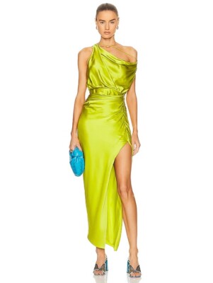 green emerald velvet dress Dark Green Formal Cowl Neck Straps Cross Zip Back Floor Length Stretch Satin Formal Dress main image 1