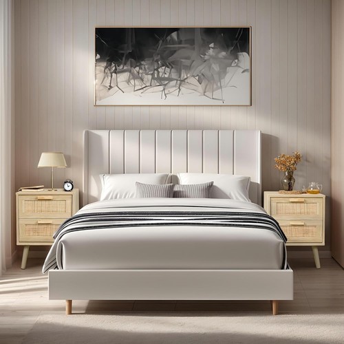 2 Rattan Nightstands Bedside Tables Wood with Drawers Storage Bedroom