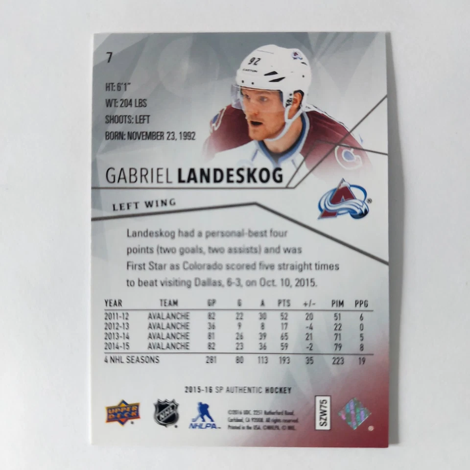 2015-16 Upper Deck SP Authentic Hockey Gabriel Landeskog #7 Colorado Avalanche - Image 2 of 2