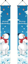 Winter Snowman Merry Christmas Banner Holiday Porch Sign with Snow Scene Clouds