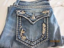 Miss Me Jeans Women 30 Mid Rise Capri Embellished Rhinestones Western Flap Blue