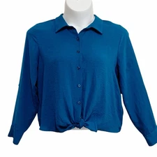 Simply Vera Wang Button Up Tie Bottom Blouse Women’s Sz Large Green Long Sleeve