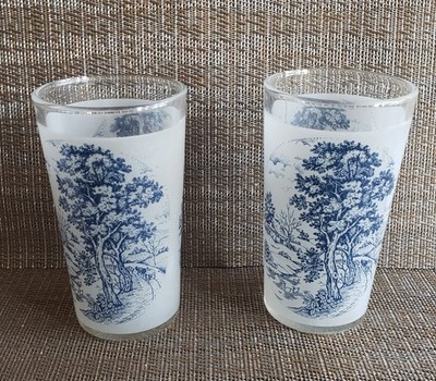 Set Of 2 Nasco Japan Blue River Frosted Drinking Glasses 8 Oz Excellent 