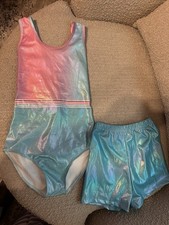 Girls Gymnastics Dance Cheer Leotard Shorts Set Shiny Metallic Ombr  Pink Blue