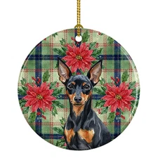 Black Tan Miniature Pinscher Christmas Poinsettas Ceramic Ornament WDK8715CO1