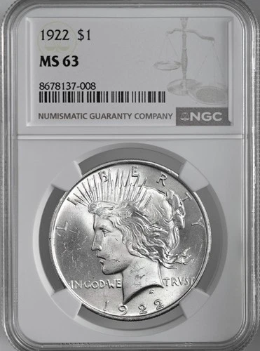 1922-P  $1 PEACE SILVER DOLLAR  "PHILADELPHIA MINT"  NGC MS63 #8678137-008