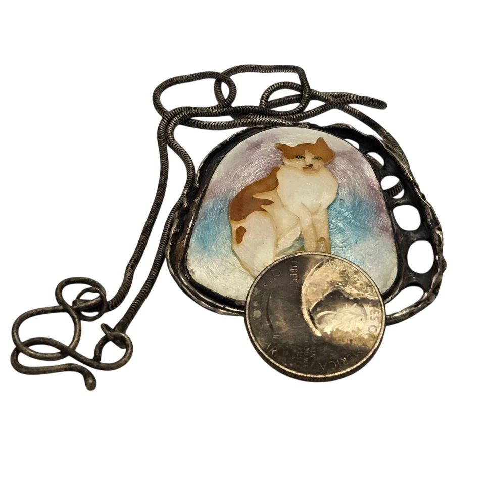 Collar colgante artístico vintage años 70 plata esterlina esmalte gato Foto 4 de 4