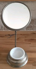 Antique 1900 Metal Shaving Mirror Adjustabl Stand Milk Glass Bowl & Brush Holder