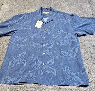 Tommy Bahama 100% Silk Shirt Mens XXL Blue Embroidered Hawaiian Button Up NWT