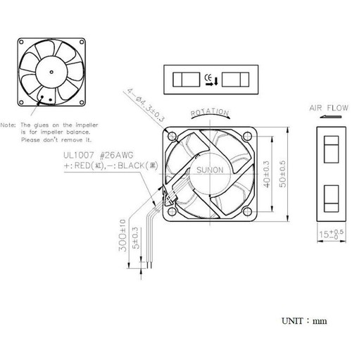 Fan 12V DC 0,87W 50x50x15mm 28,9m³/h 6100U/Min 28,9m³/h Sunon MF50151V11000UA99 - Picture 2 of 4