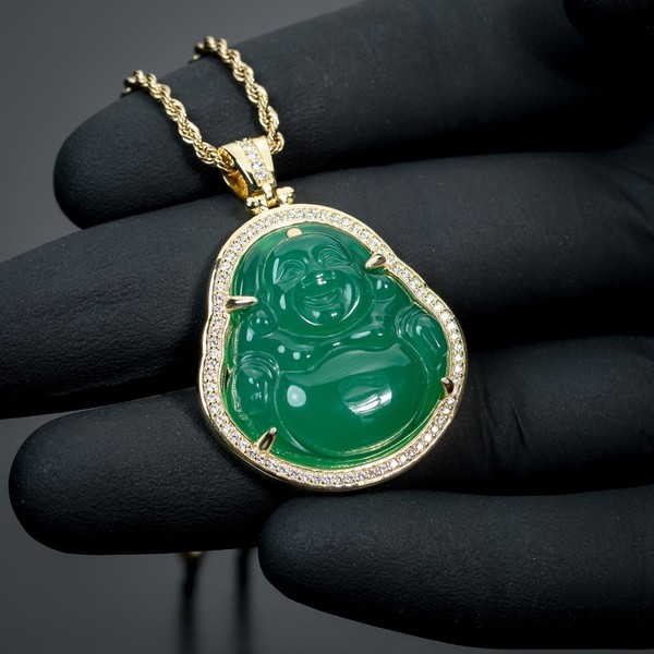 Alternate view of Mens 14k Gold Plated Green Jade Mini Buddha Pendant Chain Necklace Set
