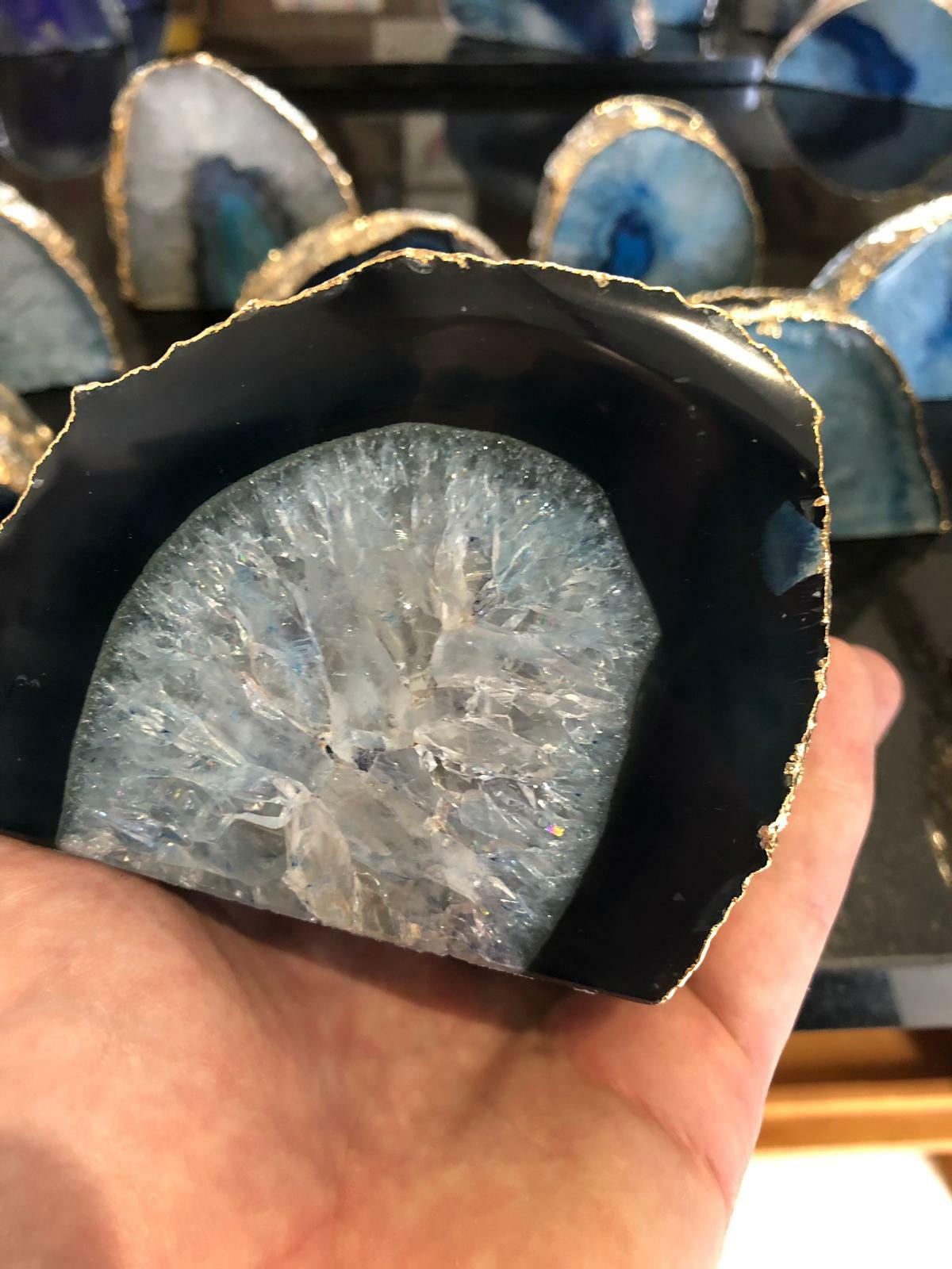 Large Blue Agate End Quartz Gold Gilded 24ct Gold Tealight Candle Holder