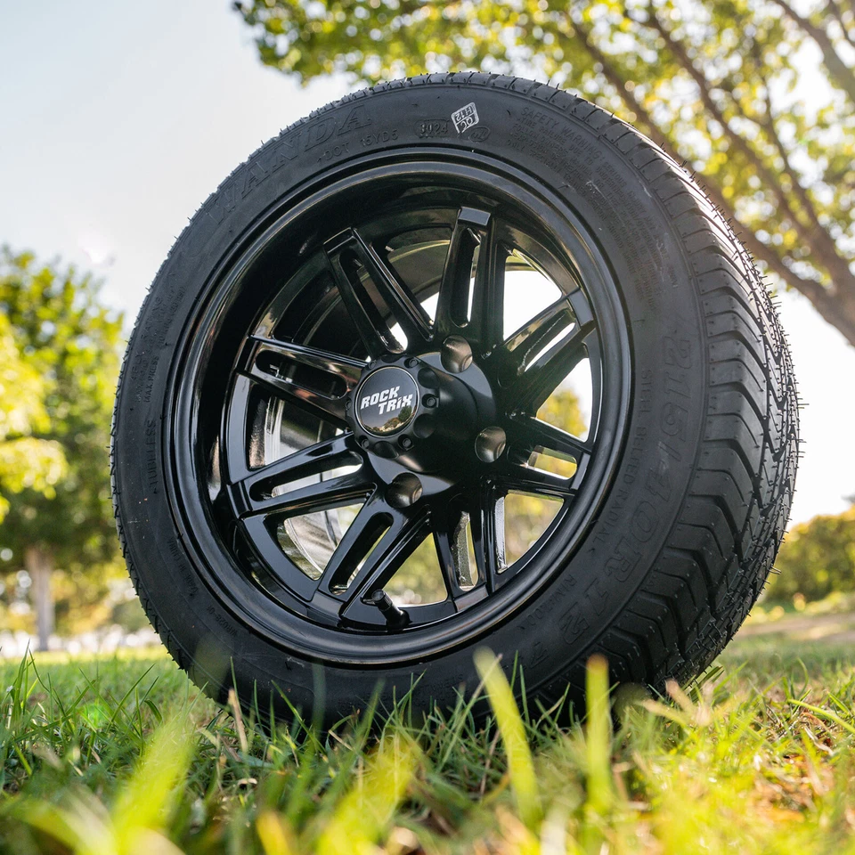 (4) Golf Cart 12" RockTrix RT103 Wheels Rims 12x7 ET-25 and 215/40R12 DOT Tires — 第 3/4 张图片