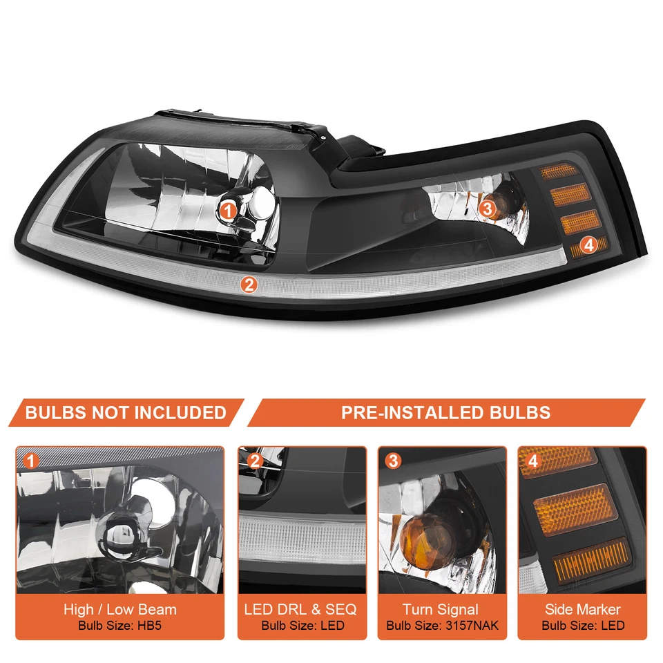 Pair Black Headlight W/LED DRL Sequential Turn Light For 1999-2004 Ford Mustang - Image 3 of 4