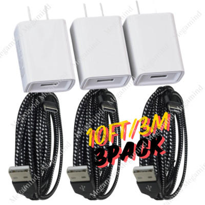 3x Fast Wall Charger AC Power Adapter 10Ft USB C Data Cable For Samsung Android