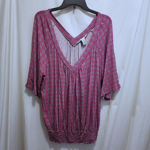 American Rag Cie Pink & Gray Geometric Short Sleeve Elastic Waist Top 2X New