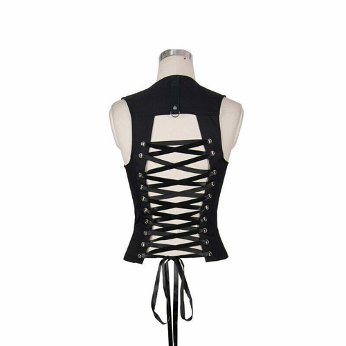 Steampunk Damen Baumwolle Tank Tops sexy ärmellos hohl schmal schwarz Oberteil Weste - Bild 9 von 12