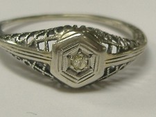 ART DECO 14 K WHITE GOLD FILIGREE SOLITAIRE DIAMOND  0.02 CT RING, SIZE 6.5 