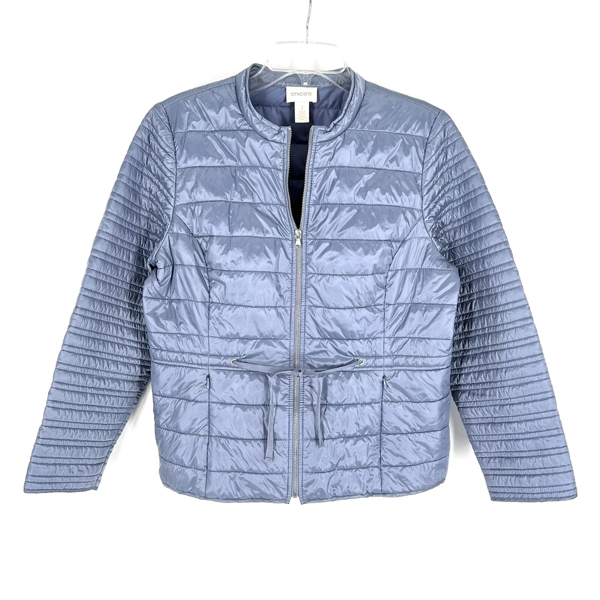 Chicos Quilted Jacket Size 1 Blue Puffer Coat Shiny Lightweight