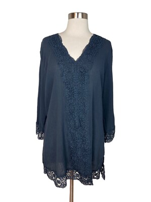 Isaac Mizrahi Daisy Swim Cover-Up M Crochet trim Beach Black Tunic Top Summer