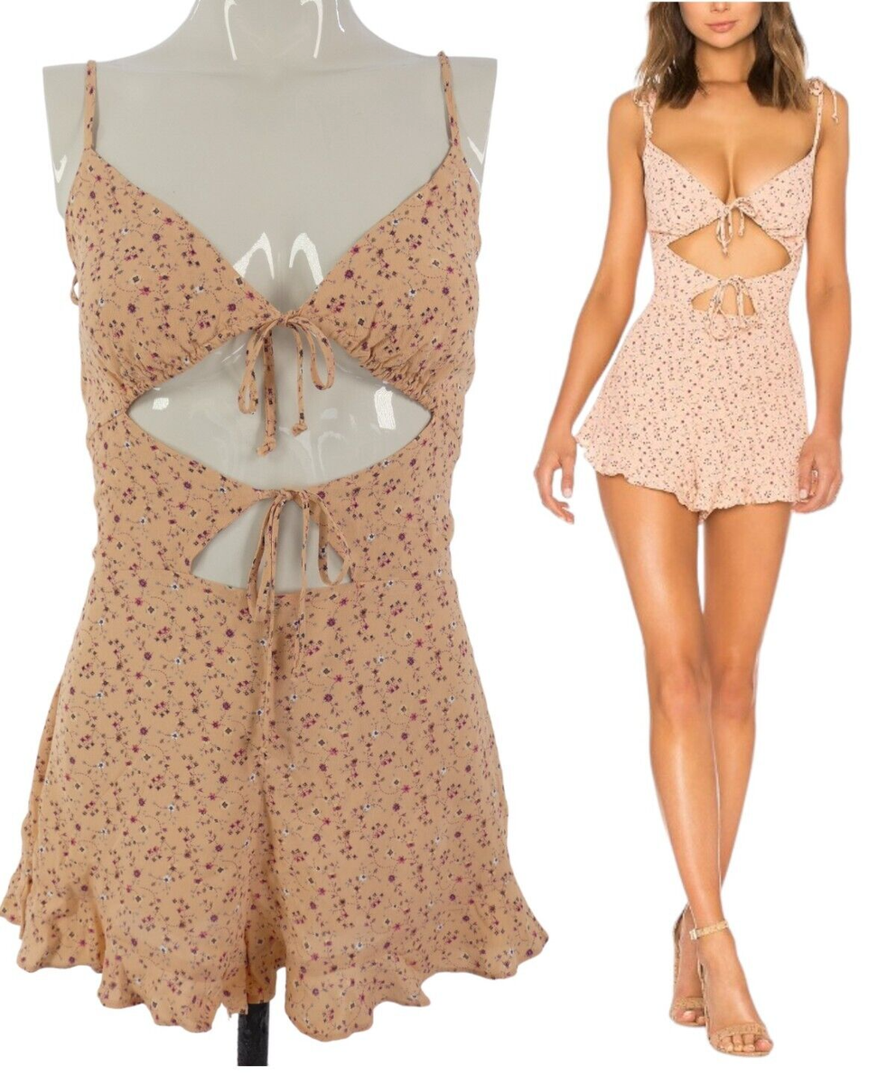 Blue Life Revolve Playsuit Peach Floral Ditsy Cut Out Tie Straps