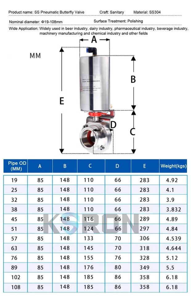 2-1/4'' Sanitary Pneumatic Butterfly Valve SS304L Clamp OD 77.5mm Single Acting - Image 3 of 4