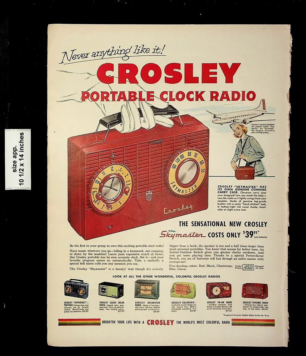 1953 Crosley Skymaster Portable Clock Radio Cowhide Case Vintage Print Ad  23498