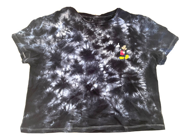 Disney Mickey Mouse Womens Crop T-Shirt Grey & White Tie Dye 100% Cotton Size L