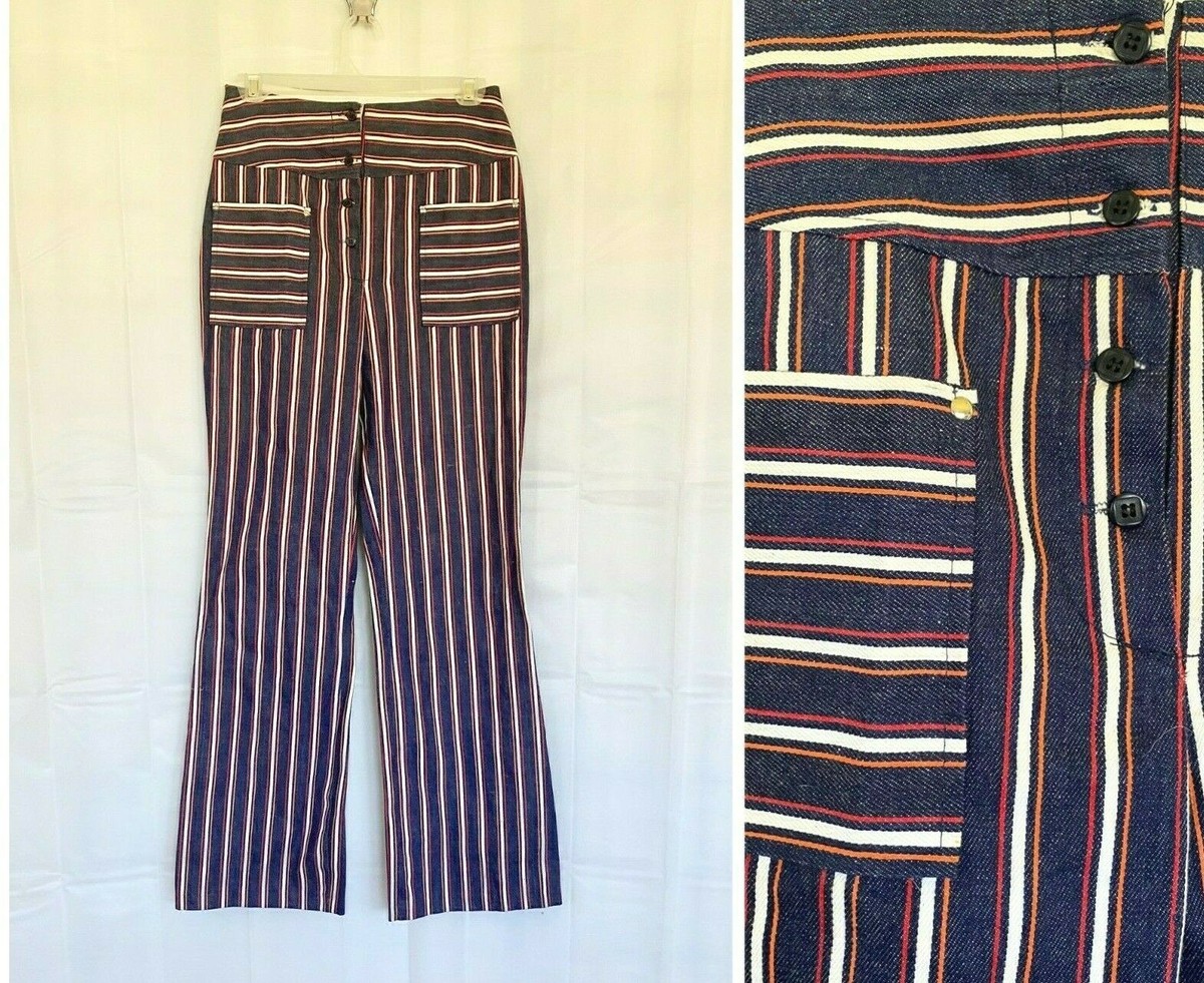 【60's】 vintage Stripe design trousers Vintage 1960s 1970s Denim Jeans Navy Blue White Orange