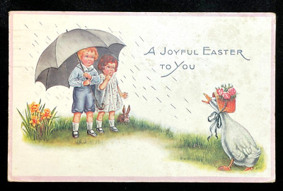 ANTIQUE POSTCARD A JOYOUS EASTER TO YOU BOY & GIRL UMBRELLA, BUNNY, GOOSE,  1917