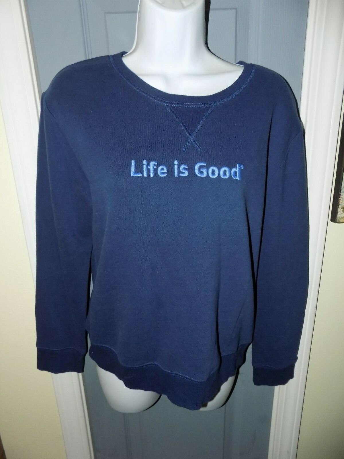 Life is Good Blue Embroidered Crew Neck 