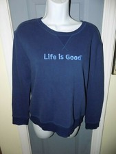 Life is Good Blue Embroidered Crew Neck Sweatshirt Top Size XS Women's NWOT