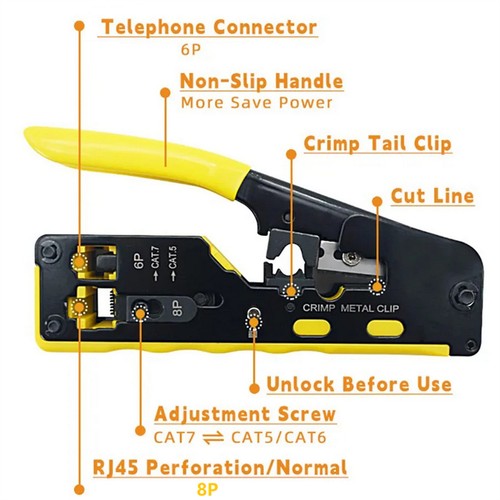 Network Cable RJ45 Crimp Tool Pass Through Crimper Cutter Kit for Cat6 Cat5 Cat7 - Picture 8 of 16