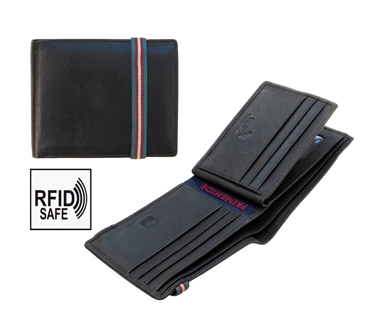 Prime Hide Men s Black Leather Trifold Wallet with Elastic Security Strap RFID