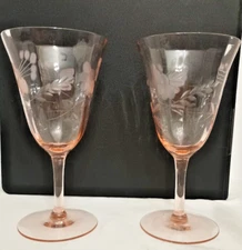  Vintage Pink Glass Water Goblet Engraved Floral Set Of 2