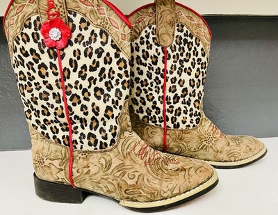 Twister X Western Boots Girls US 2 Brown Leopard Animal Print Pull-On Square