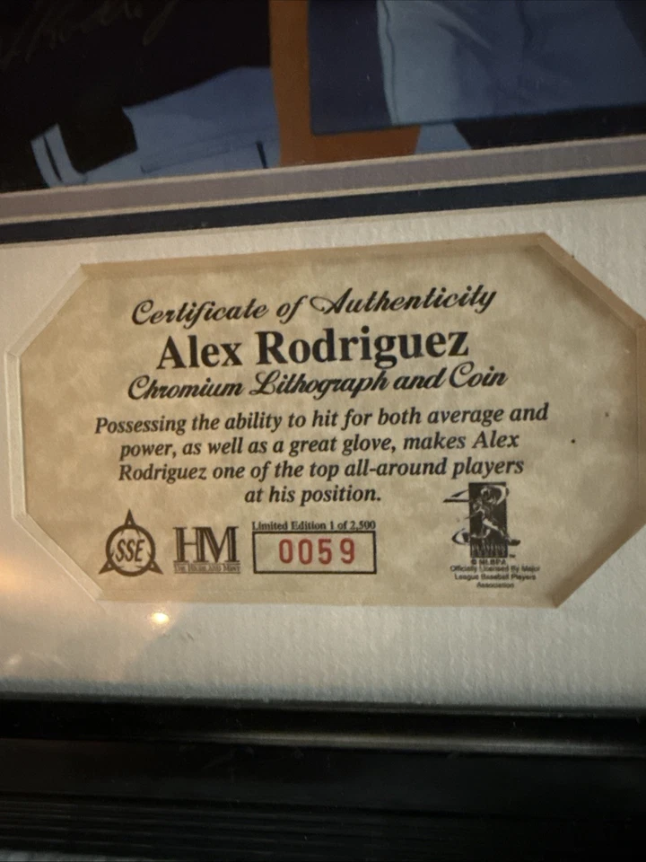 Highland Mint Alex Rodriguez Lithograph & Coin Mariners Framed #59 Of 2500W/COA - Image 3 of 4