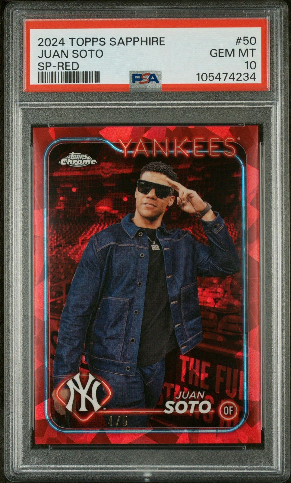 2024 Topps Chrome Sapphire - Juan Soto - SP Red /5 - Yankees - #50 - PSA 10