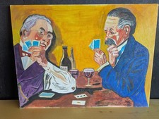 Dipinto acrilico su tela 30x40 Cosentino 1974  scena giocatori di carte vintage