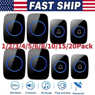 Waterproof Wireless Doorbell Adjustable Volume 1000FT Plugin Receiver 38 Chime