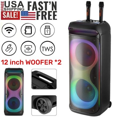 12'' Dual Portable Bluetooth Speaker Subwoofer FM Heavy Bass Sound Karaoke W/Mic