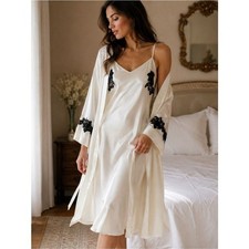 Natori Ivory Satin Slip Robe with Black Lace Appliqu