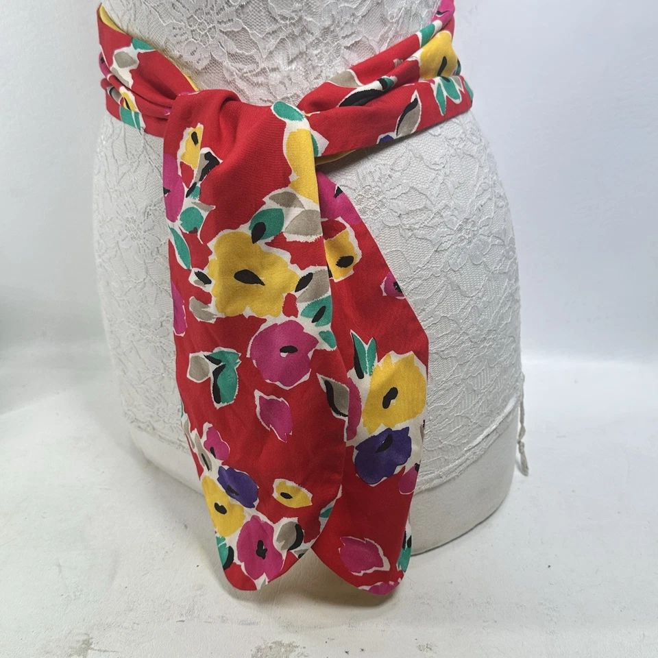Vintage ColoRayon Tie Belt OS Bright Multicolor Floral Lined Rayon Wide - Image 3 of 4