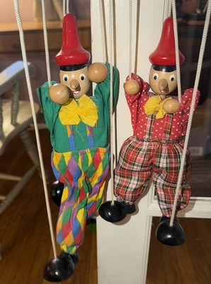 Wooden Pinocchio String Marionette puppet Vintage Toy Pair  10 12 inches 