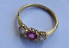 Vintage Ruby And Diamond  Three Stone Ring Size S 18ct