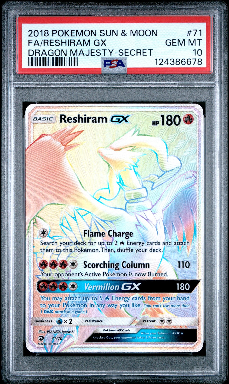 2018 POKEMON SUN & MOON DRAGON MAJESTY SECRET #71 FULL ART/RESHIRAM GX PSA 10